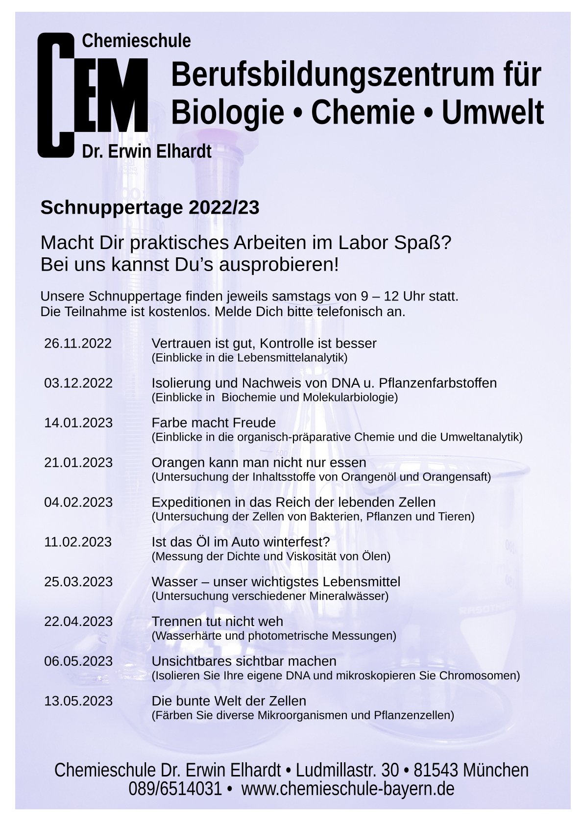Chemieschule Flyer Schnuppertage